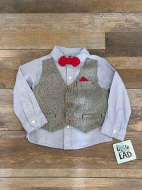 Little Lad 18M NWT Gray Vest Blue Shirt Set With Red Bow Tie Boys Formal